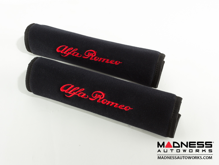 Alfa Romeo Seat Belt Shoulder Pads (set of 2) - Black w/ Alfa Romeo Logo and Black Binding